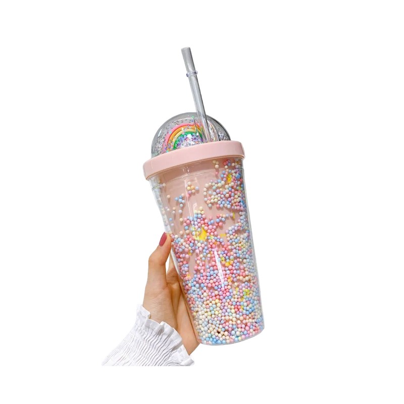 BICCHIERE IN PLASTICA STARLIGHT GLITTER CON COPERCHIO ARCOBALENO E CANNUCCIA ROSA - 450ml