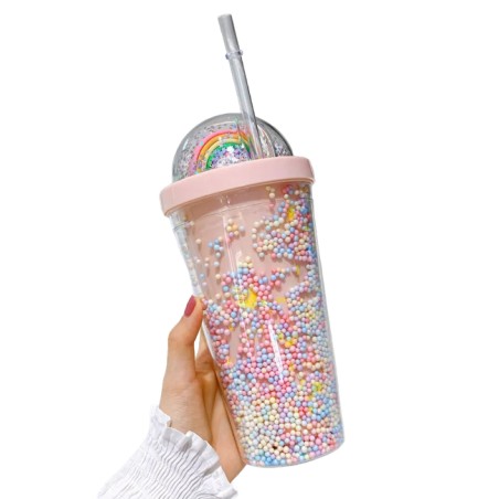 BICCHIERE IN PLASTICA STARLIGHT GLITTER CON COPERCHIO ARCOBALENO E CANNUCCIA ROSA - 450ml