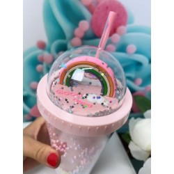 BICCHIERE IN PLASTICA STARLIGHT GLITTER CON COPERCHIO ARCOBALENO E CANNUCCIA ROSA - 450ml