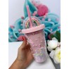 BICCHIERE IN PLASTICA STARLIGHT GLITTER CON COPERCHIO ARCOBALENO E CANNUCCIA ROSA - 450ml