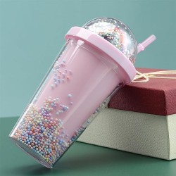 BICCHIERE IN PLASTICA STARLIGHT GLITTER CON COPERCHIO ARCOBALENO E CANNUCCIA ROSA - 450ml