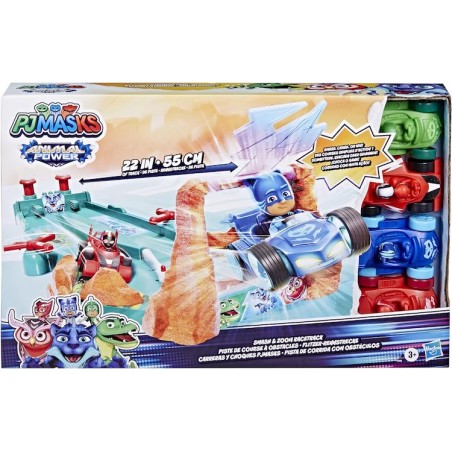 PISTA LANCIA AUTO DEI PJ MASKS + 4 VEICOLI CON PERSONAGGI INCLUSI