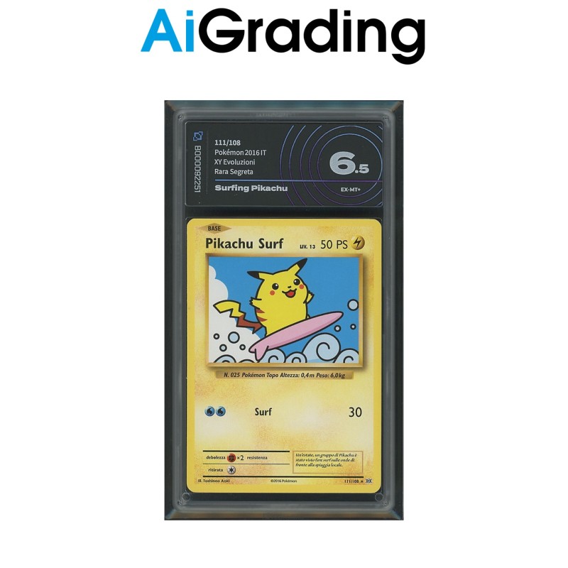 SURFING PIKACHU EVO 111 DI POKEMON CARTA GRADATA 6.5 ITA IN CASE RIGIDO AI GRADING + CERTIFICATO DIGITALE