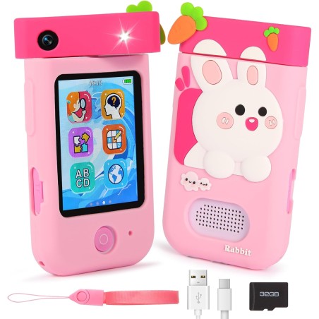 TELEFONO PER BAMBINI CON FOTOCAMERA PER BAMBINI - TOUCHSCREEN - VIDEO 1080P- CUSTODIA SILICONE CONIGLIO