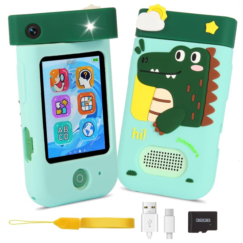 TELEFONO PER BAMBINI CON FOTOCAMERA PER BAMBINI - TOUCHSCREEN - VIDEO 1080P- CUSTODIA SILICONE DINOSAURO