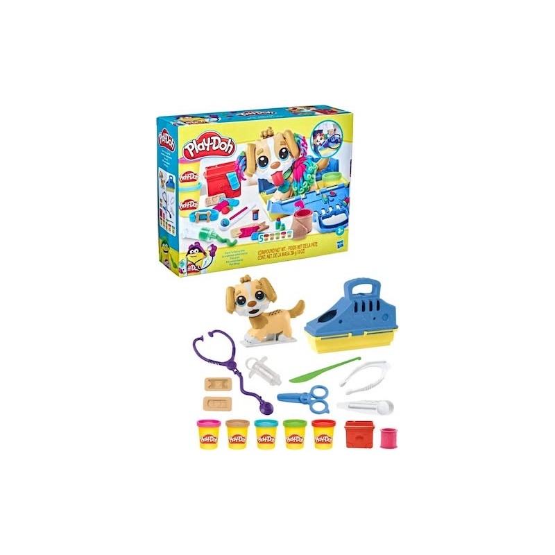 PLAY-DOH - SET DA VETERINARIO, PLAYSET CON CANE GIOCATTOLO, TRASPORTINO, 10 STRUMENTI, 5 COLORI