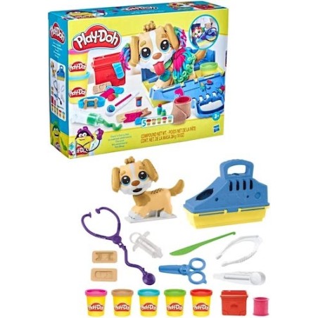 PLAY-DOH - SET DA VETERINARIO, PLAYSET CON CANE GIOCATTOLO, TRASPORTINO, 10 STRUMENTI, 5 COLORI